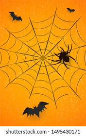 Halloween background, vector illustration. Orange grunge background with big spider hanging on web, flying bats, spooky Halloween atmosphere. Graphic design elements for card, flyer, banner.