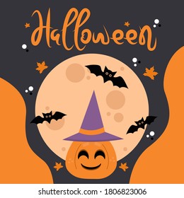 Halloween background. Vector illustration with pumpkins, bat, halloween candy, moon.