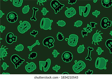 Halloween background vector illustration. With pumpkins, skulls, bats, spiders, ghosts, bones, spider and witches hat.