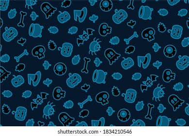 Halloween background vector illustration. With pumpkins, skulls, bats, spiders, ghosts, bones, spider and witches hat.