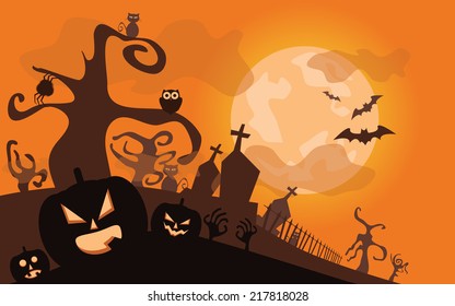 Halloween background, vector illustration with pumpkins and cemetery