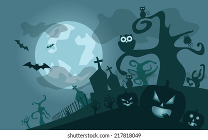 Halloween background, vector illustration with pumpkins and cemetery