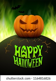 Halloween background. Vector illustration with realistic pumpkin with scary face and green burning fire flames at night, bats and modern lettering text Happy Halloween