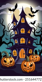 halloween background. Vector illustration with a scary house, carved pumpkins, jack lanterns and bats on the background of a full moon. vertical cartoon style drawing with Halloween atmosphere