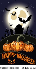 Halloween background, vector illustration with several jack lanterns, bats, tombstones, crosses on the background of a full moon. for backing, cards, invitations