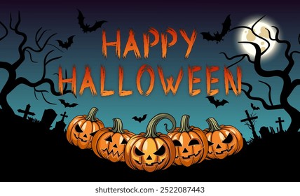 Halloween background, vector illustration with several jack lanterns, bats, tombstones, crosses on the background of a full moon. for backing, cards, invitations