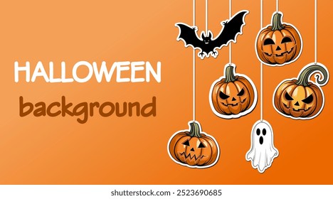 Halloween background, vector illustration with several pumpkins, jack lanterns, bats and ghost on the orange background. bright drawn for backing, cards, invitations, greeting