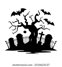 Halloween background Vector illustration, Traditional Halloween decorative elements. Creepy tree in cemetery on white background.  Halloween silhouette design for decor.