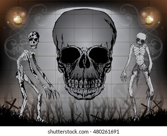 Halloween  background, vector illustration,Skull sketch element isolated.
