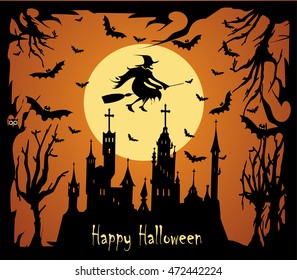 Halloween background vector with moon, castle, bats and sentence Happy