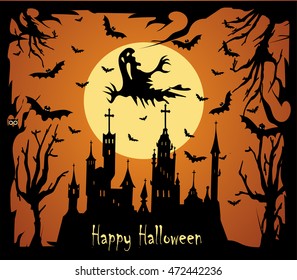 Halloween background vector with moon, castle, bats and sentence Happy 