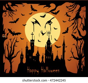 Halloween background vector with moon, castle, bats and sentence Happy 