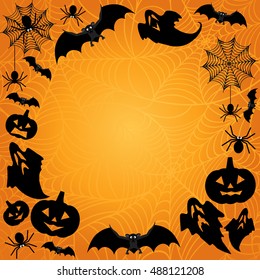 Halloween Background. Vector Halloween orange background with bats, ghosts, spiderweb, spiders and pumpkins