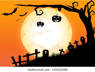 Halloween Background. Vector Halloween orange background with fly bat, pumpkins , tree and big moon