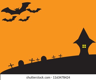 Halloween Background. Vector Halloween orange background with many flying bats, old house