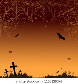 Halloween Background. Vector Halloween orange background with many flying bats, 