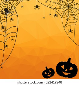 Halloween Background. Vector Halloween Orange Polygonal Mosaic  Background With Spiderweb, Spiders And Pumpkins