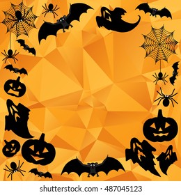 Halloween Background. Vector Halloween orange polygonal mosaic background with bats, ghosts, spiderweb, spiders and pumpkins