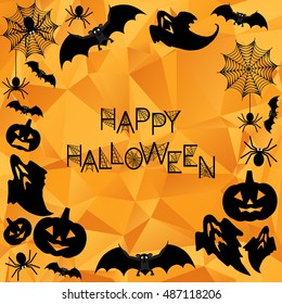 Halloween Background. Vector Halloween orange polygonal mosaic background with bats, ghosts, spiderweb, spiders and pumpkins