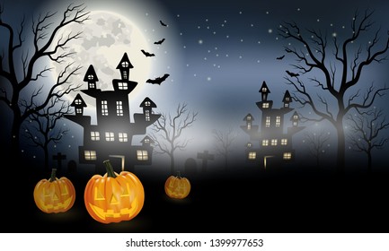 Halloween background vector with orange pumpkin lantern, full moon and bat silhouette style