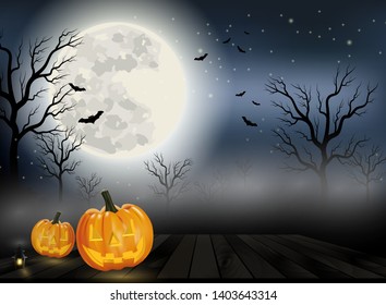 Halloween background vector with orange pumpkin lantern on wood, full moon and bat silhouette style
