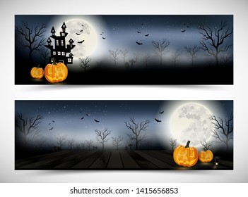 Halloween background vector with orange pumpkin lantern, full moon and bat silhouette style