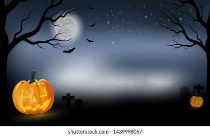 Halloween background vector with orange pumpkin lantern, full moon and bat silhouette style