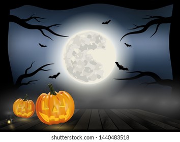 Halloween background vector with orange pumpkin lantern on wood, full moon and bat silhouette style