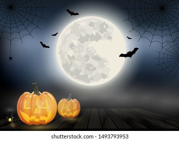 Halloween background vector with orange pumpkin lantern on wood, full moon and bat silhouette style
