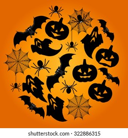 Halloween Background. Vector Halloween orange  background with spiderweb, spiders, bat, ghosts and pumpkins