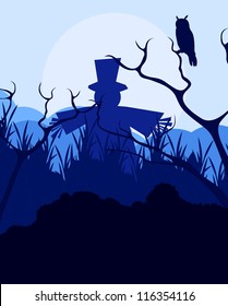 Halloween background vector with owl and pumpkin guy in the forest
