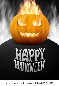 Halloween background. Vector poster with realistic orange pumpkin in fire flames at night and modern lettering text Happy Halloween