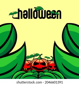 vector de fondo de halloween, monstruo de calabaza y hojas
