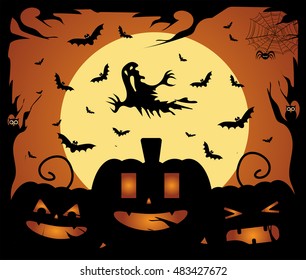 Halloween background vector with pumpkins, ghost and bats