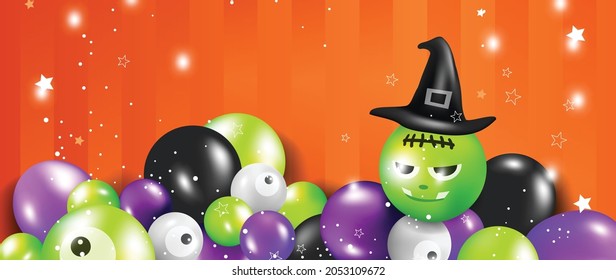 Halloween background vector. Halloween sale and promotion banner design with 3D Ghost and scary air balloons, bat, candy, spider. Website and trick or treat poster background template. Vector EPS10