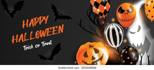 Halloween background vector. Halloween sale and promotion banner design with 3D Ghost and scary air balloons, bat, candy, spider. Website and trick or treat poster background template. Vector EPS10.