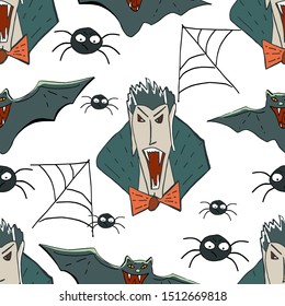 Halloween background. Vector seamless pattern with vampires, spiders, bats.