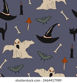 Halloween background, vector seamless pattern. Hand drawn colored vector Halloween illustration. Ghost and bats, witch hat on dark background. Background for wrapping paper.