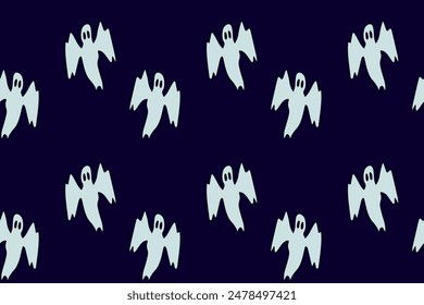 Halloween background, vector seamless pattern. Hand drawn colored vector Halloween illustration. Ghosts dark background. Background for wrapping paper.