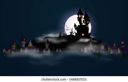 Halloween background vector with village, full moon and bat silhouette style