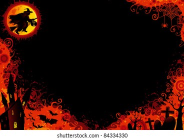 Halloween background. Vector Halloween background with witch, bats, old house, moon, trees, graveyard, grave, grave stone.