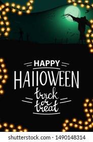 Halloween background, vertical template for your creativity with night landscape with green full moon, zombie, witches and Scarecrow. Template with space for text