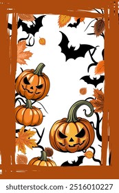 fundo do dia das bruxas. Ilustração vetorial vertical com árvores feias, morcegos e lanternas jack. para pano de fundo, cartas, convites Halloween