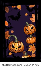 fundo do dia das bruxas. Ilustração vetorial vertical com árvores feias, morcegos e lanternas jack. para pano de fundo, cartas, convites Halloween