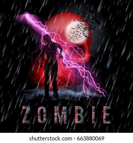 Halloween Background with Walking Zombie in a Rainy Weather