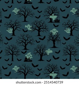 Fondo de Halloween, Fondo de pantalla, árboles muertos, fantasma, murciélago, lápida, negro, patrón sin fisuras, impresión, textura, espeluznante, miedo, núcleo de la cabaña, bosque embrujado, luz de la luna, Ilustración vectorial, estilo plano. 