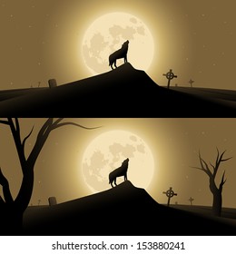 Halloween background with werewolf howling in moonlight. No transparency, no gradient mesh.