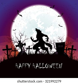 Halloween background with werewolf on cemetery, illustration.