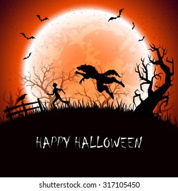 Halloween background with werewolf and running man, illustration.