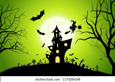 Halloween Background with Whitch and Haunted House, Bats, Moon and Spider